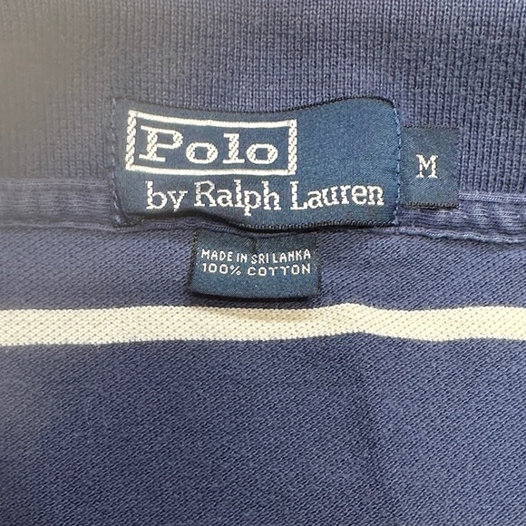 Polo Ralph Lauren Navy Striped Polo Shirt Men’s Medium Green Pony - Picture 3 of 5